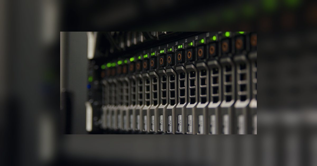 Server rack with blinking green lights