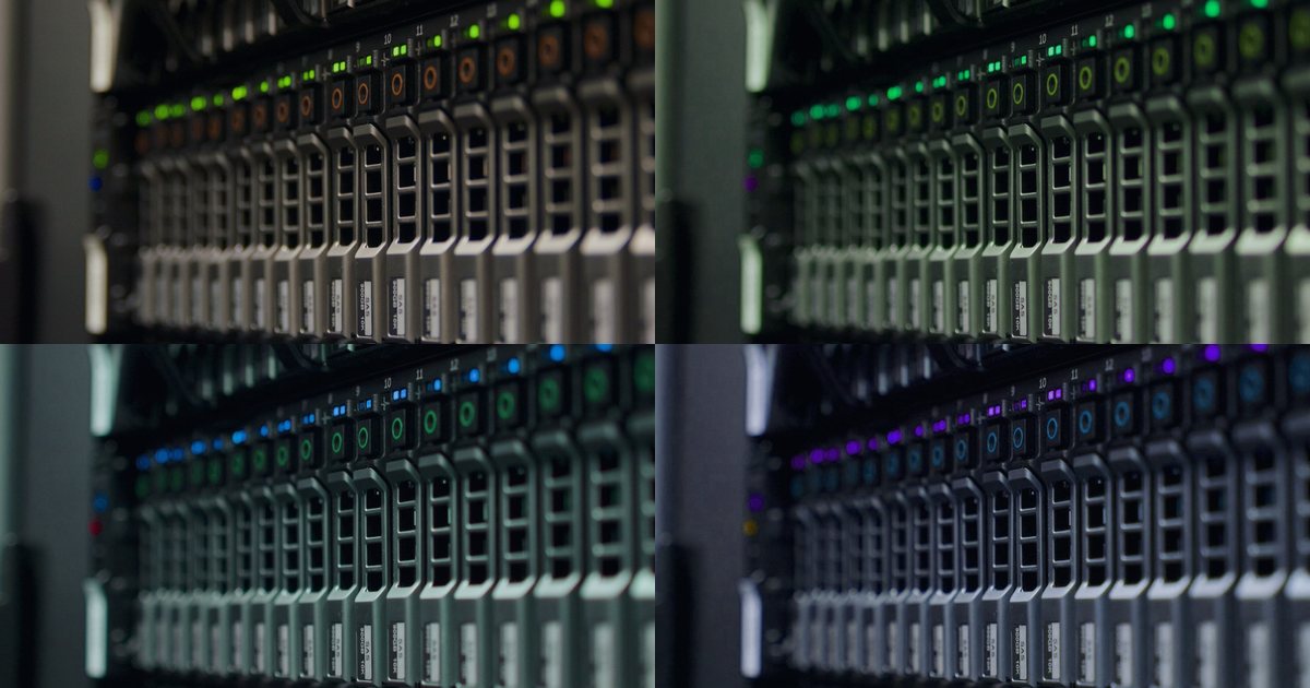 Server rack with blinking green lights